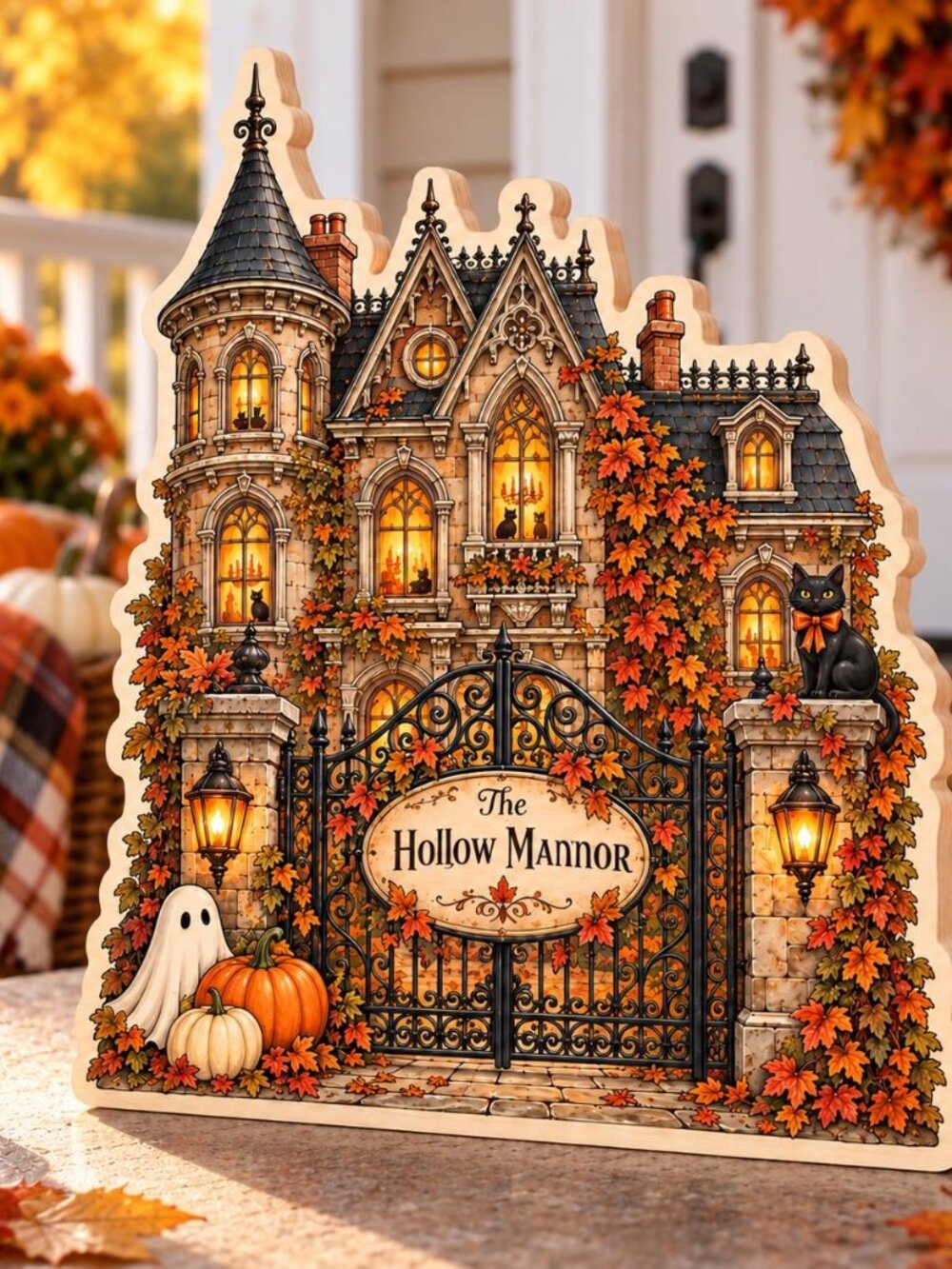 Halloween Hollow Manor 2D Flat Wooden Block, Vintage Haunted House Shelf Sitter